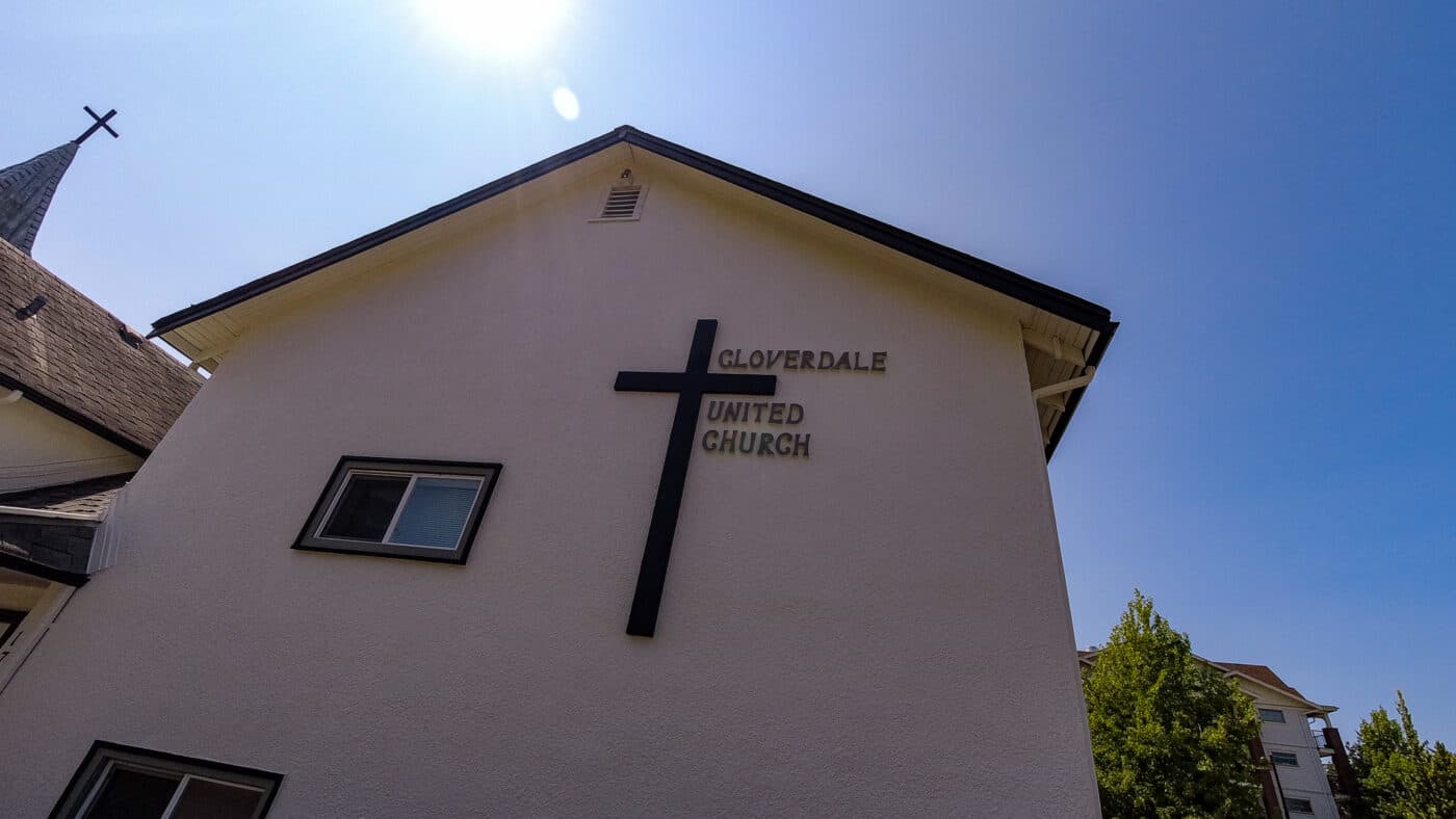 Cloverdale United Church side wall with church lettering and cross